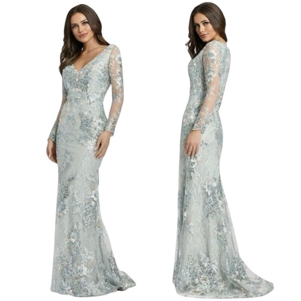 Mac Duggal Light Blue Lace Embellished Long-Sleeve Evening Gown